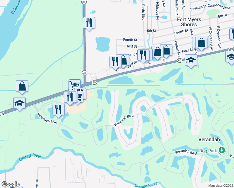 map of restaurants, bars, coffee shops, grocery stores, and more near 3020 Meandering Way in Fort Myers