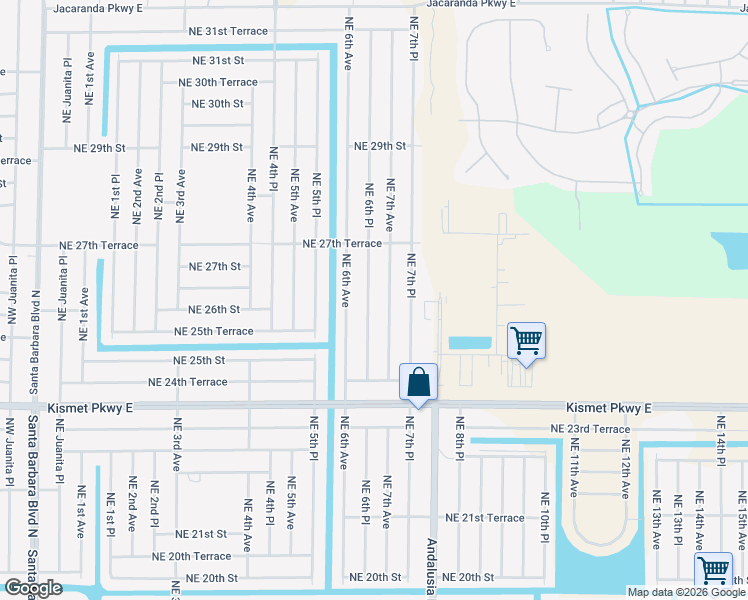 map of restaurants, bars, coffee shops, grocery stores, and more near 2530 Northeast 6th Place in Cape Coral
