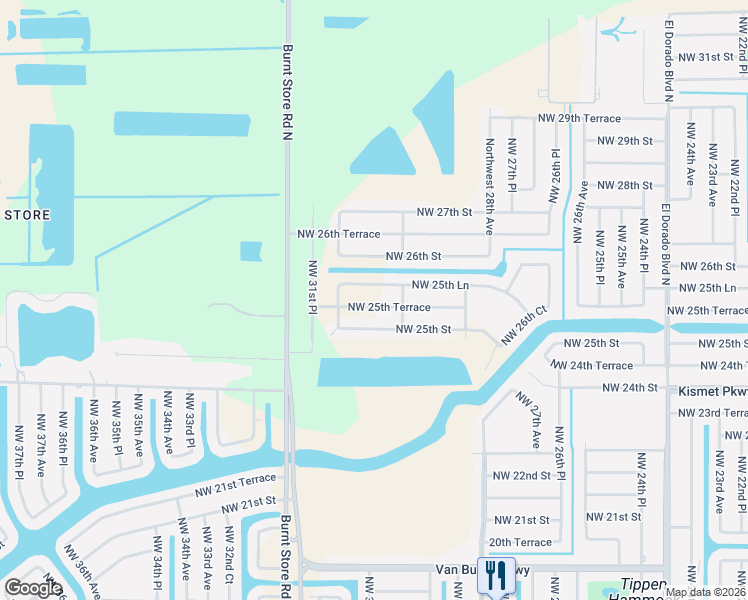 map of restaurants, bars, coffee shops, grocery stores, and more near 2908 Northwest 25th Terrace in Cape Coral