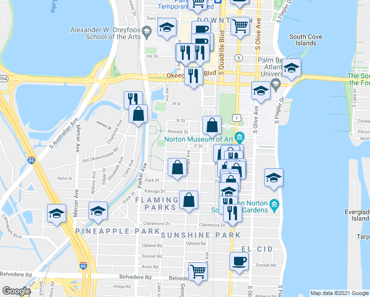 map of restaurants, bars, coffee shops, grocery stores, and more near 1506 Georgia Avenue in West Palm Beach