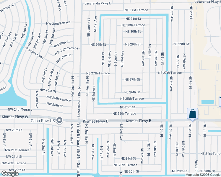 map of restaurants, bars, coffee shops, grocery stores, and more near 2609 Northeast 2nd Avenue in Cape Coral