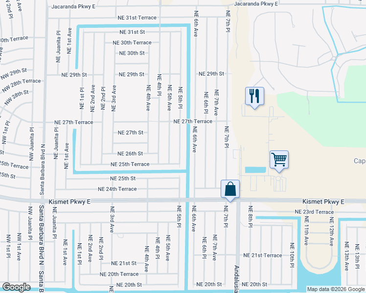 map of restaurants, bars, coffee shops, grocery stores, and more near 2531 Northeast 5th Place in Cape Coral