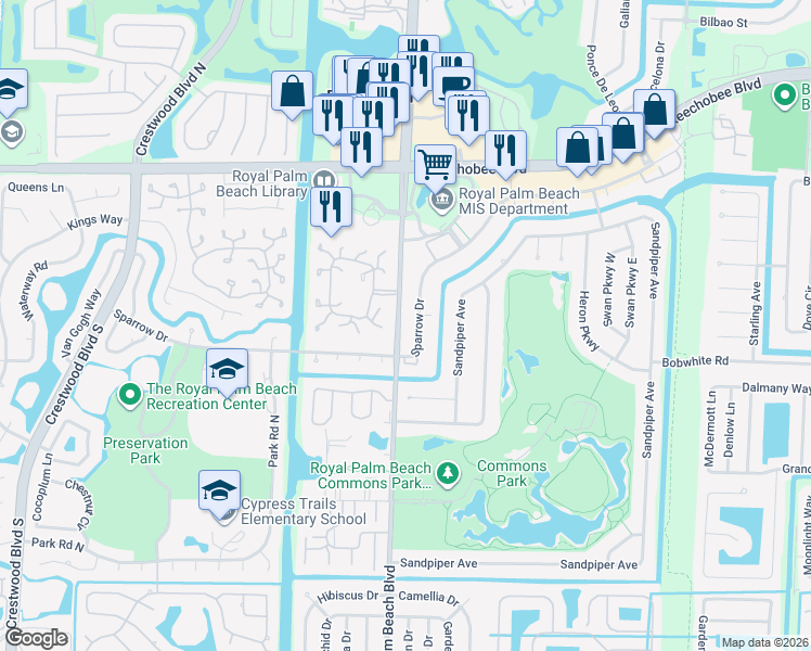 map of restaurants, bars, coffee shops, grocery stores, and more near 1036 Royal Palm Beach Boulevard in Royal Palm Beach