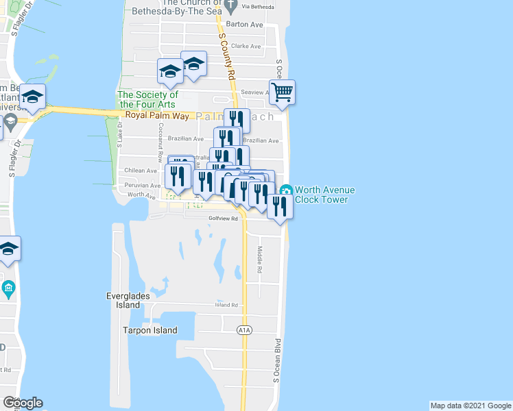 map of restaurants, bars, coffee shops, grocery stores, and more near 150 Worth Avenue in Palm Beach