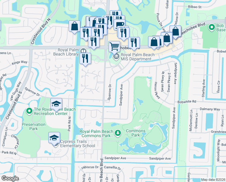 map of restaurants, bars, coffee shops, grocery stores, and more near 357 Sandpiper Avenue in Royal Palm Beach
