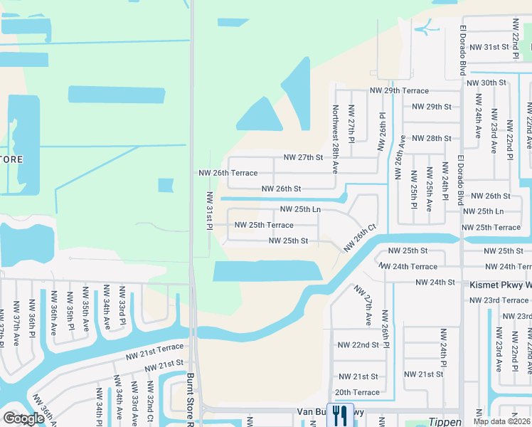 map of restaurants, bars, coffee shops, grocery stores, and more near 2904 Northwest 25th Lane in Cape Coral