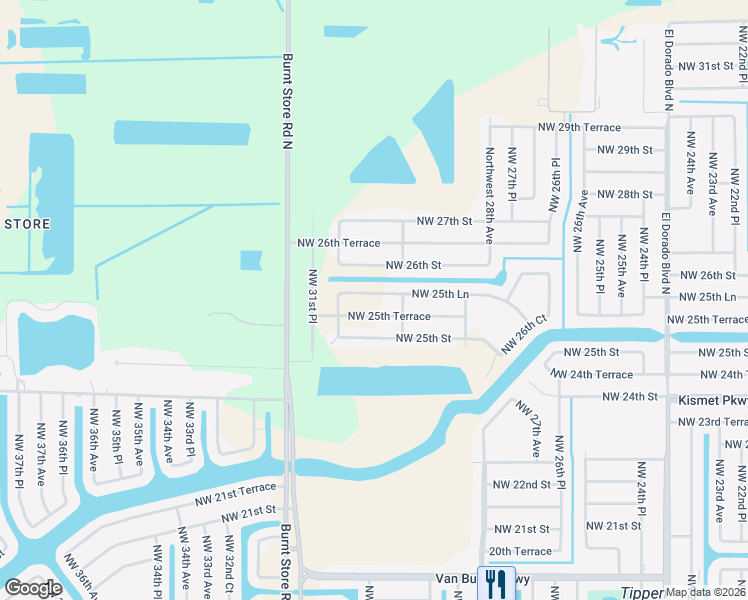 map of restaurants, bars, coffee shops, grocery stores, and more near 2909 Northwest 25th Lane in Cape Coral