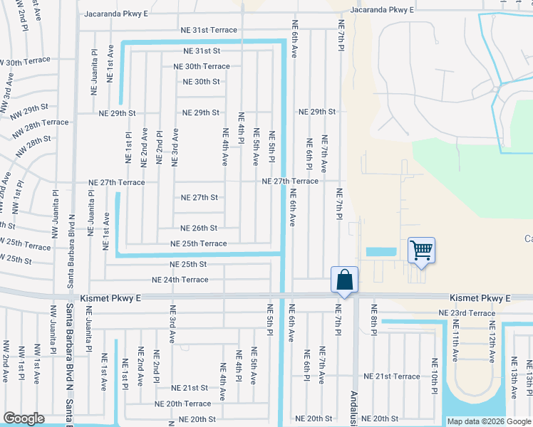 map of restaurants, bars, coffee shops, grocery stores, and more near 2624 Northeast 5th Avenue in Cape Coral
