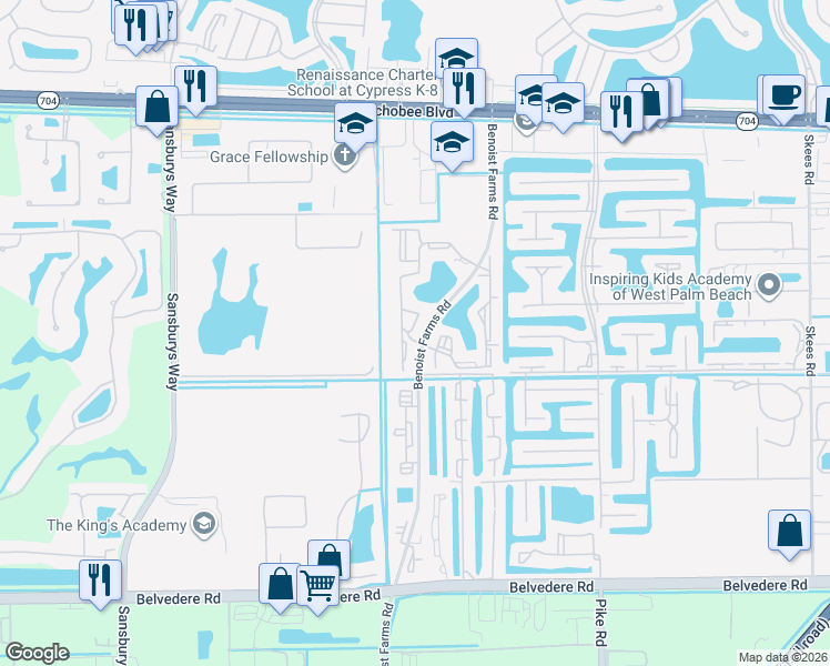map of restaurants, bars, coffee shops, grocery stores, and more near 1521 Windorah Way in Royal Palm Beach