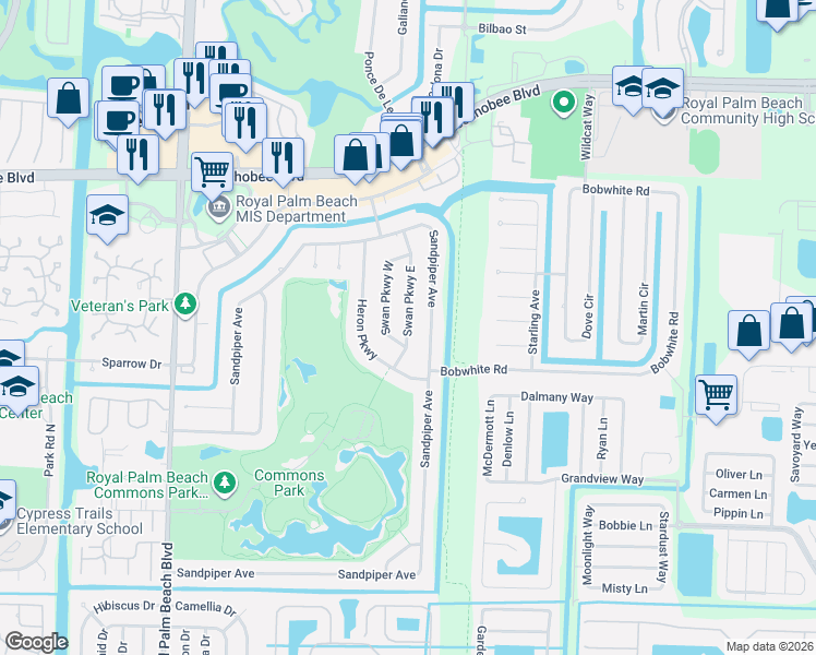 map of restaurants, bars, coffee shops, grocery stores, and more near 116 Swan Parkway East in Royal Palm Beach