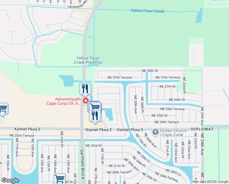 map of restaurants, bars, coffee shops, grocery stores, and more near 1811 Northeast 26th Terrace in Cape Coral