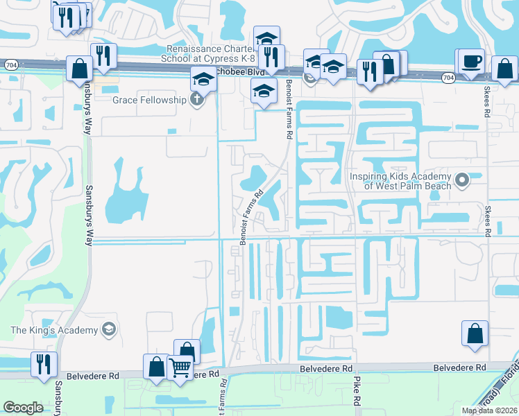 map of restaurants, bars, coffee shops, grocery stores, and more near 1453 Lake Crystal Drive in Royal Palm Beach