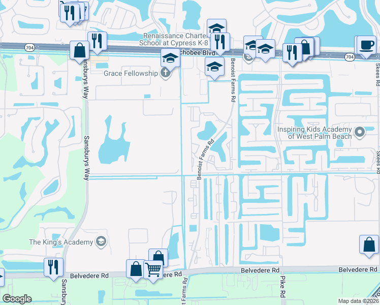 map of restaurants, bars, coffee shops, grocery stores, and more near 1521 Windorah Way in Royal Palm Beach