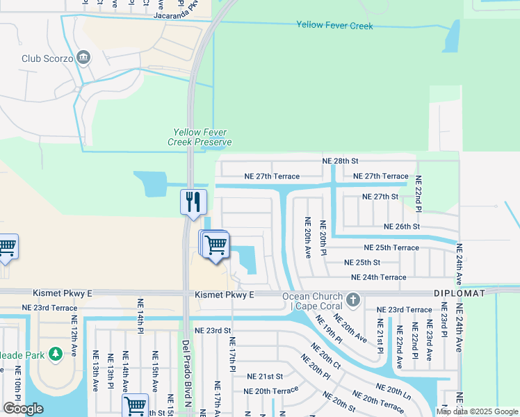 map of restaurants, bars, coffee shops, grocery stores, and more near 1811 Northeast 26th Terrace in Cape Coral