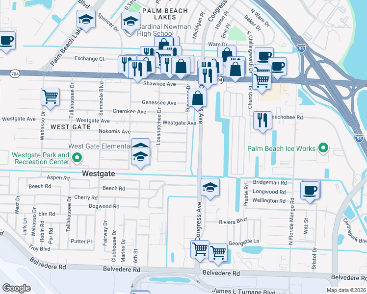 map of restaurants, bars, coffee shops, grocery stores, and more near 2401 Hiawatha Avenue in West Palm Beach