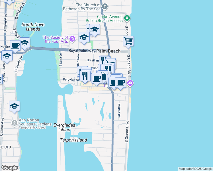 map of restaurants, bars, coffee shops, grocery stores, and more near 220 Peruvian Avenue in Palm Beach