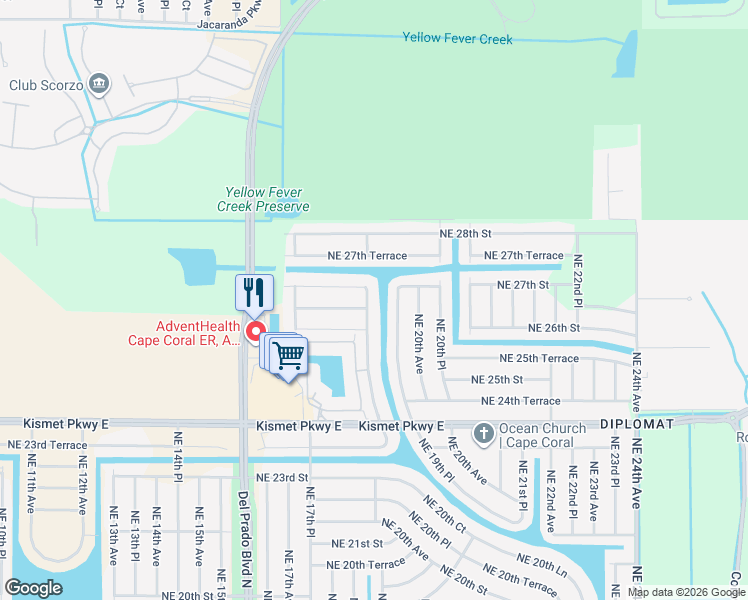 map of restaurants, bars, coffee shops, grocery stores, and more near 2627 Northeast 19th Avenue in Cape Coral