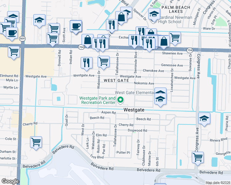 map of restaurants, bars, coffee shops, grocery stores, and more near 2800 Hiawatha Avenue in West Palm Beach