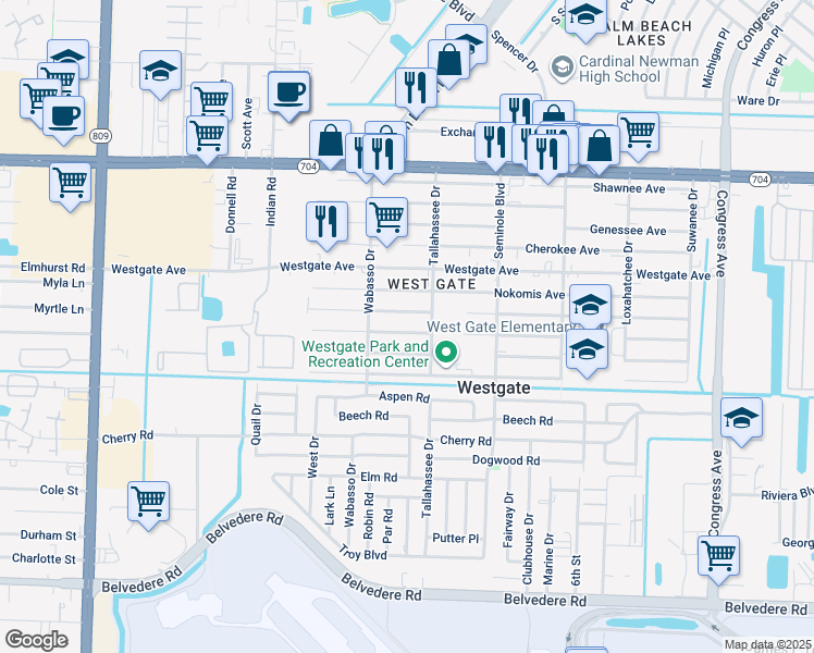 map of restaurants, bars, coffee shops, grocery stores, and more near 2800 Hiawatha Avenue in West Palm Beach