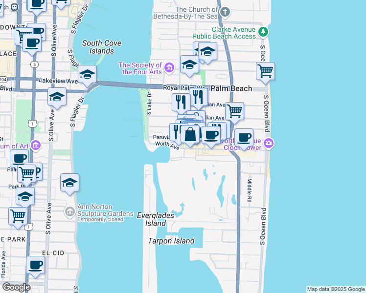 map of restaurants, bars, coffee shops, grocery stores, and more near 4 Via Parigi in Palm Beach