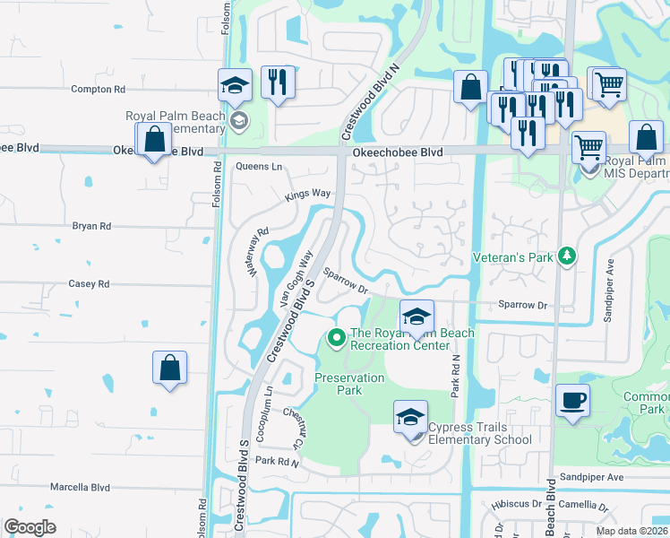 map of restaurants, bars, coffee shops, grocery stores, and more near 104 Cambridge Lane in Royal Palm Beach