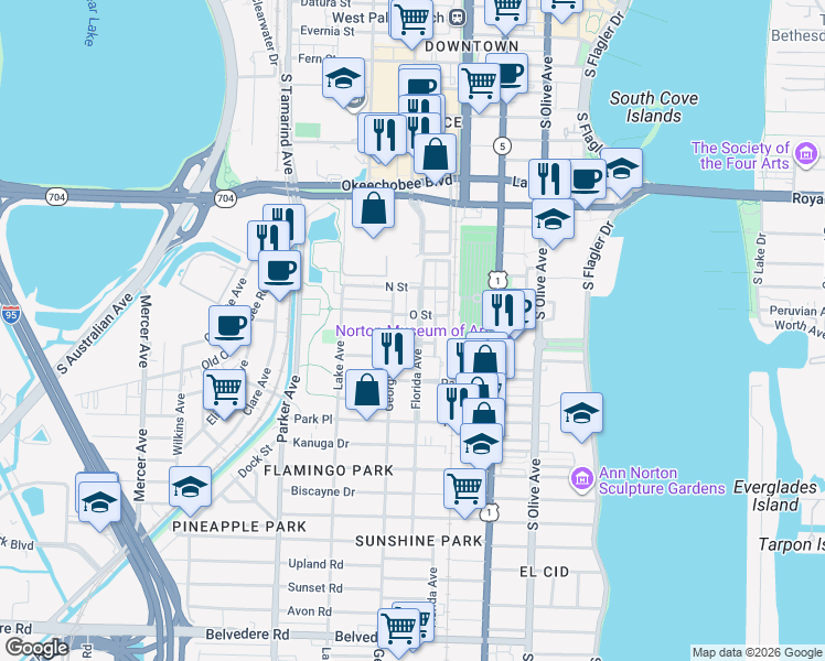 map of restaurants, bars, coffee shops, grocery stores, and more near 1304 Florida Avenue in West Palm Beach