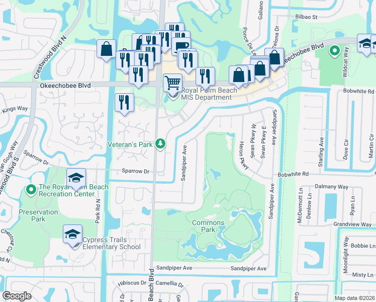 map of restaurants, bars, coffee shops, grocery stores, and more near 155 Meadowlark Drive in Royal Palm Beach