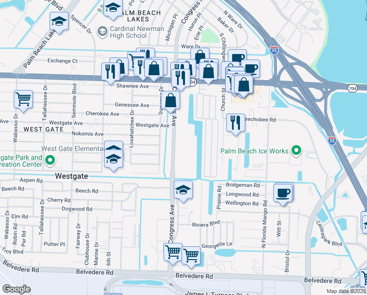 map of restaurants, bars, coffee shops, grocery stores, and more near 1645 North Congress Avenue in West Palm Beach