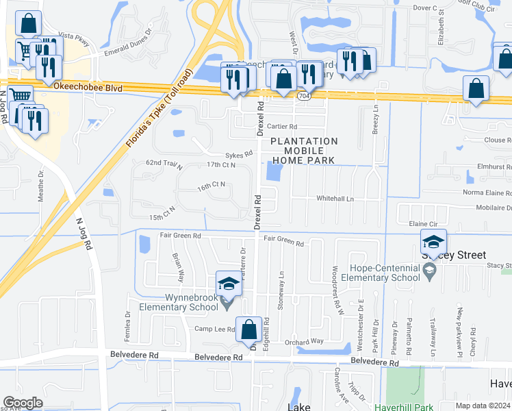 map of restaurants, bars, coffee shops, grocery stores, and more near 1531 Drexel Road in West Palm Beach