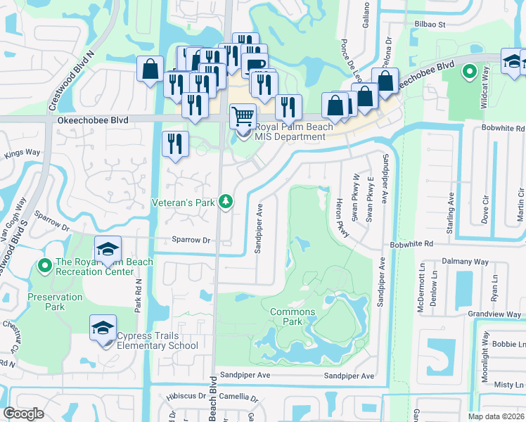 map of restaurants, bars, coffee shops, grocery stores, and more near 326 Sandpiper Avenue in Royal Palm Beach