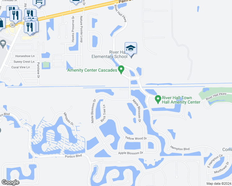 map of restaurants, bars, coffee shops, grocery stores, and more near 3035 Apple Blossom Drive in Alva