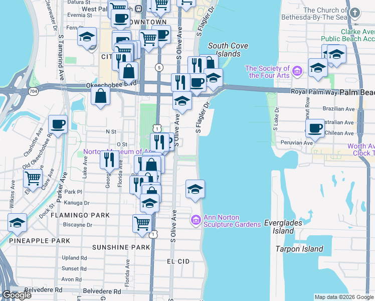 map of restaurants, bars, coffee shops, grocery stores, and more near 1300 South Olive Avenue in West Palm Beach