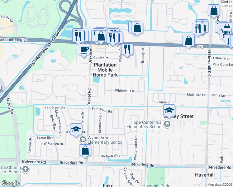map of restaurants, bars, coffee shops, grocery stores, and more near 5734 Whitehall Lane in West Palm Beach