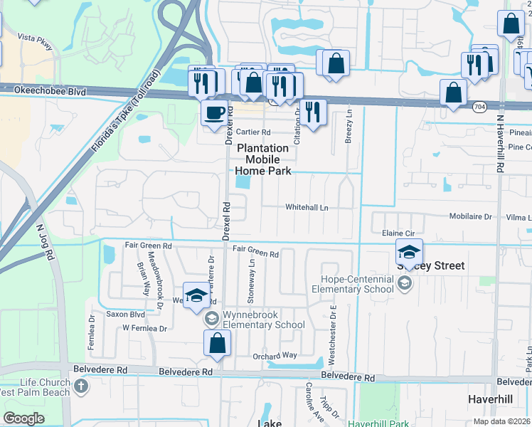 map of restaurants, bars, coffee shops, grocery stores, and more near 1601 Plantation Drive in West Palm Beach
