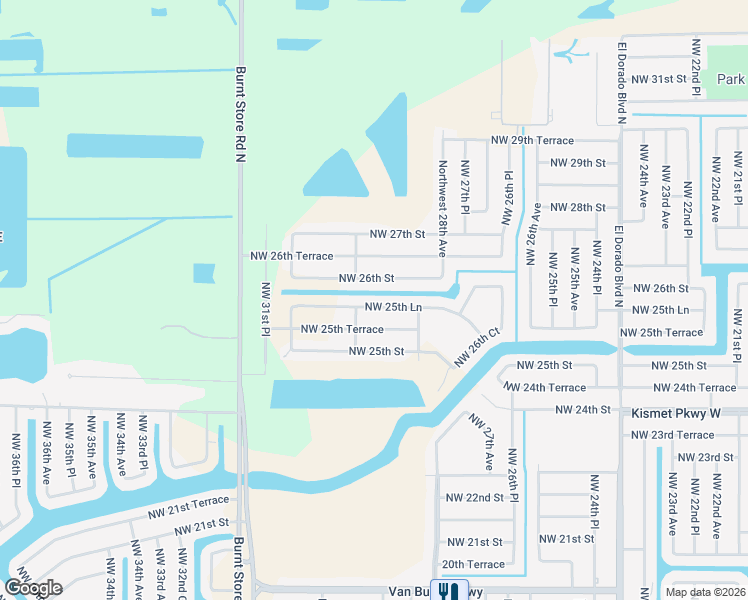 map of restaurants, bars, coffee shops, grocery stores, and more near 2829 Northwest 25th Lane in Cape Coral