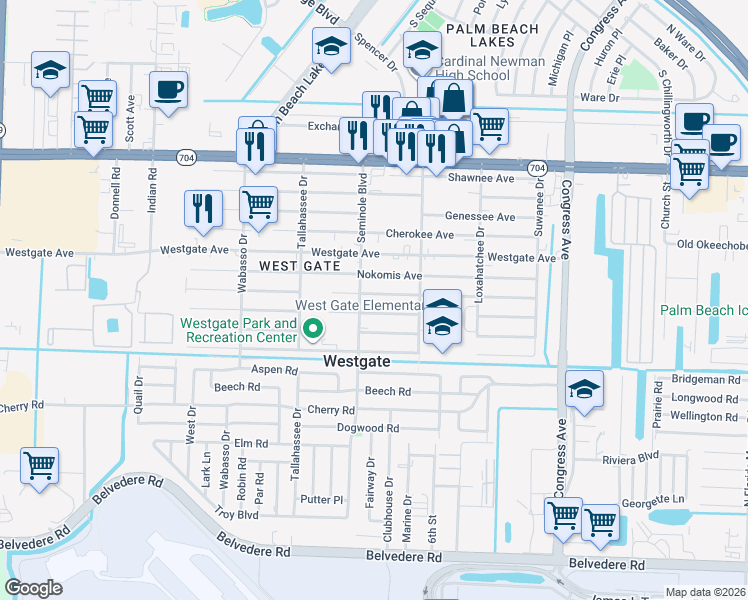 map of restaurants, bars, coffee shops, grocery stores, and more near 1507 Seminole Boulevard in West Palm Beach