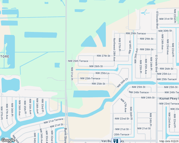 map of restaurants, bars, coffee shops, grocery stores, and more near 2909 Northwest 25th Lane in Cape Coral