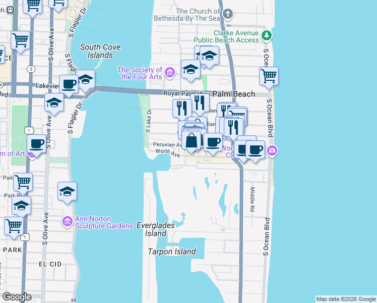 map of restaurants, bars, coffee shops, grocery stores, and more near 87 Via Mizner in Palm Beach