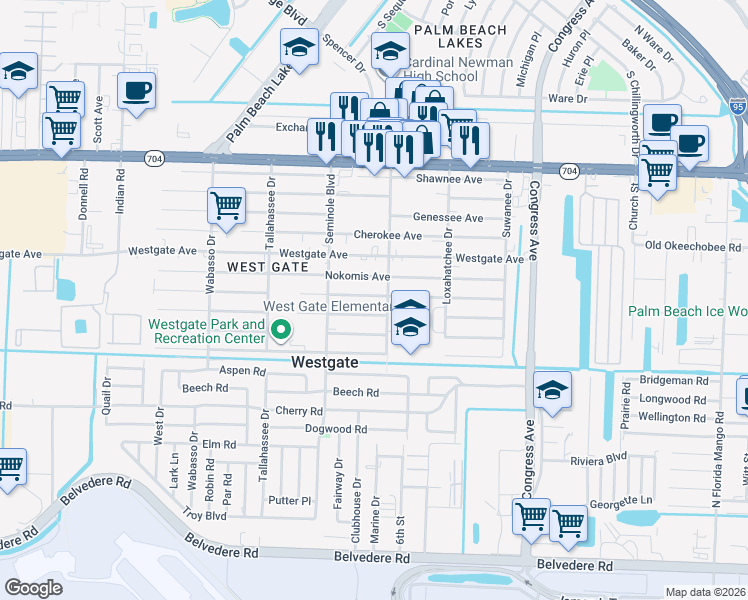 map of restaurants, bars, coffee shops, grocery stores, and more near 3455 Hiawatha Avenue in West Palm Beach