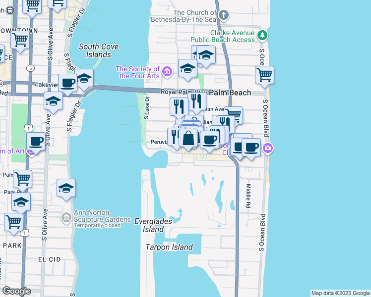 map of restaurants, bars, coffee shops, grocery stores, and more near 87 Via Mizner in Palm Beach