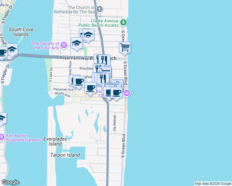 map of restaurants, bars, coffee shops, grocery stores, and more near 122 Peruvian Avenue in Palm Beach