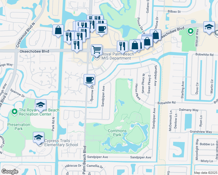 map of restaurants, bars, coffee shops, grocery stores, and more near 155 Meadowlark Drive in Royal Palm Beach