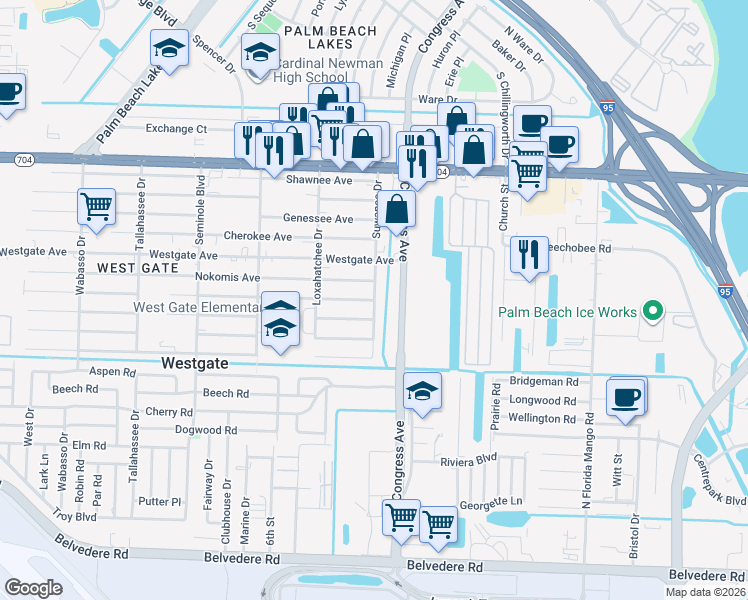 map of restaurants, bars, coffee shops, grocery stores, and more near 2401 Hiawatha Avenue in West Palm Beach