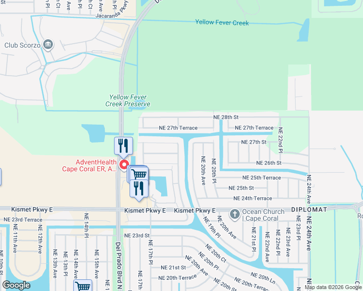 map of restaurants, bars, coffee shops, grocery stores, and more near 2627 Northeast 19th Avenue in Cape Coral