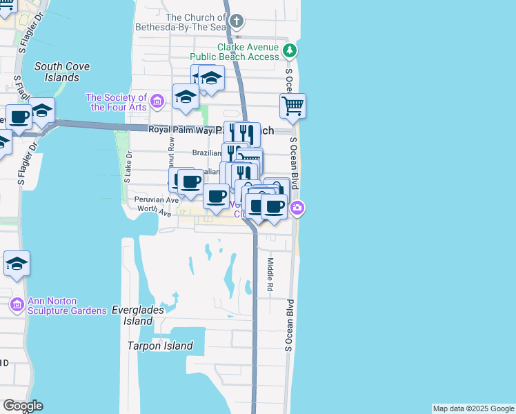 map of restaurants, bars, coffee shops, grocery stores, and more near 156 Peruvian Avenue in Palm Beach