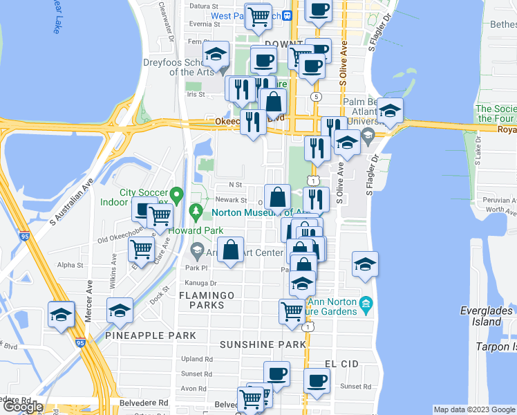 map of restaurants, bars, coffee shops, grocery stores, and more near 1302 Florida Avenue in West Palm Beach