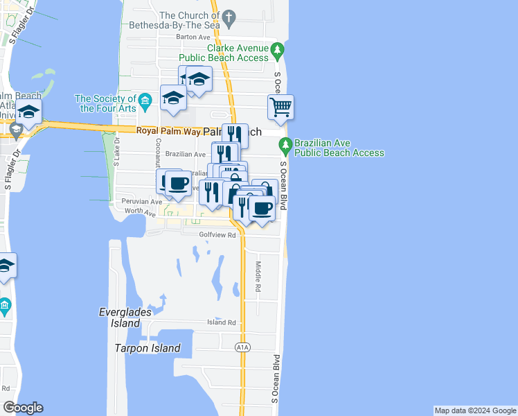 map of restaurants, bars, coffee shops, grocery stores, and more near 156 Peruvian Avenue in Palm Beach