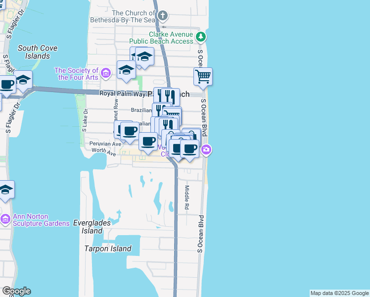 map of restaurants, bars, coffee shops, grocery stores, and more near 156 Peruvian Avenue in Palm Beach