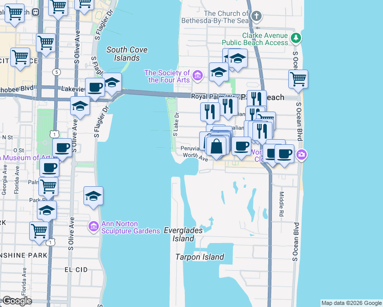 map of restaurants, bars, coffee shops, grocery stores, and more near 455 Worth Avenue in Palm Beach