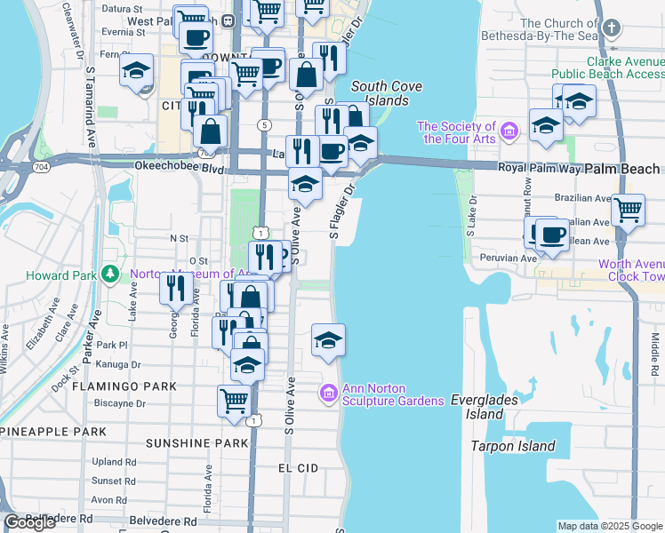 map of restaurants, bars, coffee shops, grocery stores, and more near 1315 South Flagler Drive in West Palm Beach